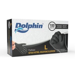 Dolphin extra kalın siyah nitril muayene eldiveni L beden 100 adet